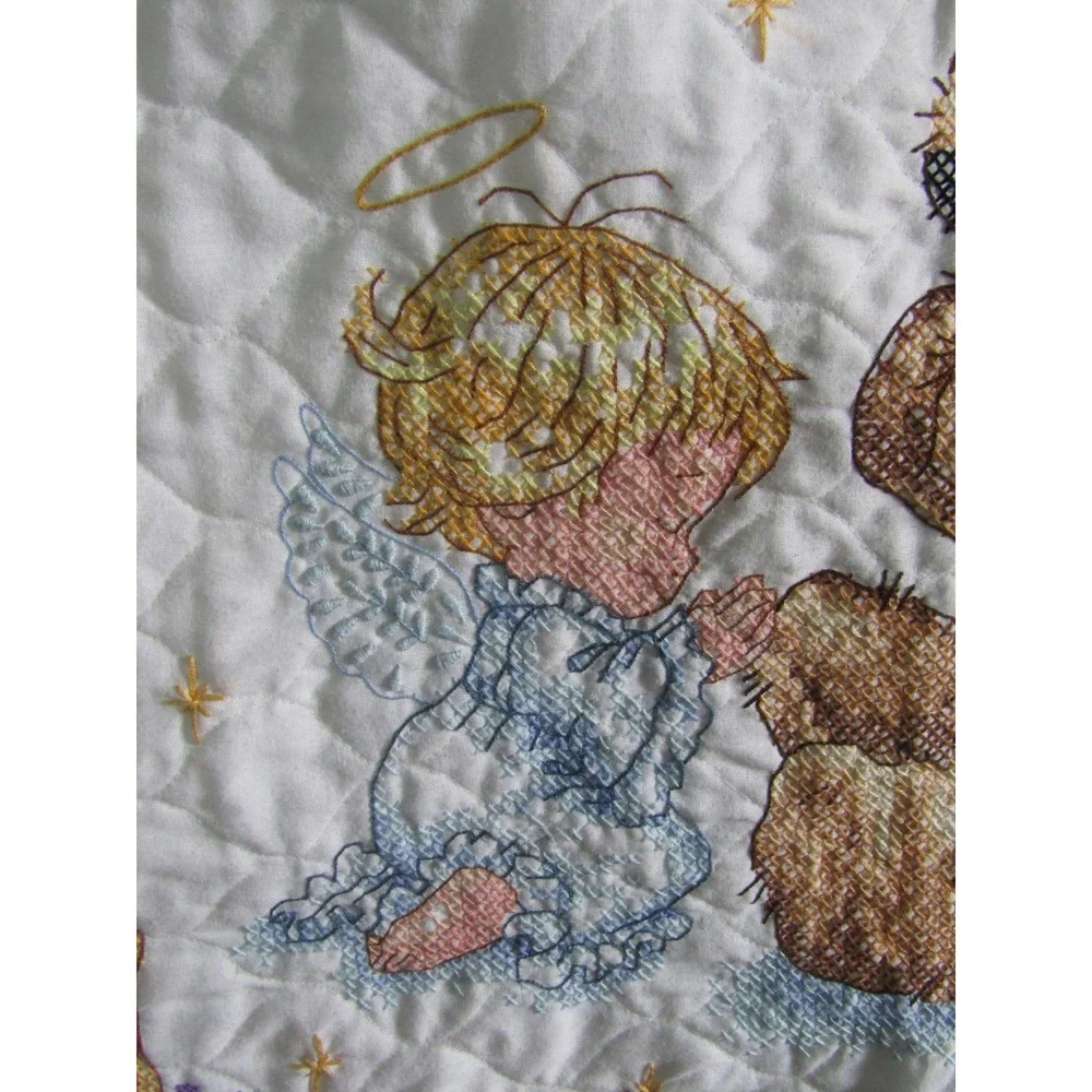 Vintage‎ Quilted Baby Blanket Now I Lay Me Down To Sleep Teddy Bear Angel White